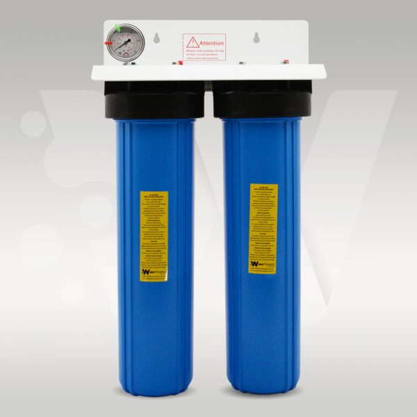 20" x 4.5" Twin water filter kit on stainless steel mounting bracket with pressure gauge.