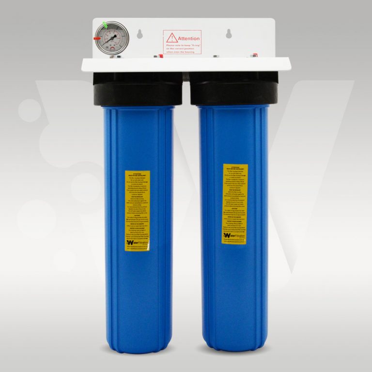 20" x 4.5" Twin water filter kit on stainless steel mounting bracket with pressure gauge.