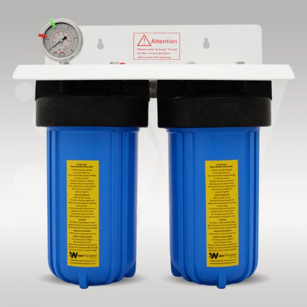 Twin wholehouse Water Filter housings 10" x 4.5" mounted on stainless steel bracket with pressure gauge