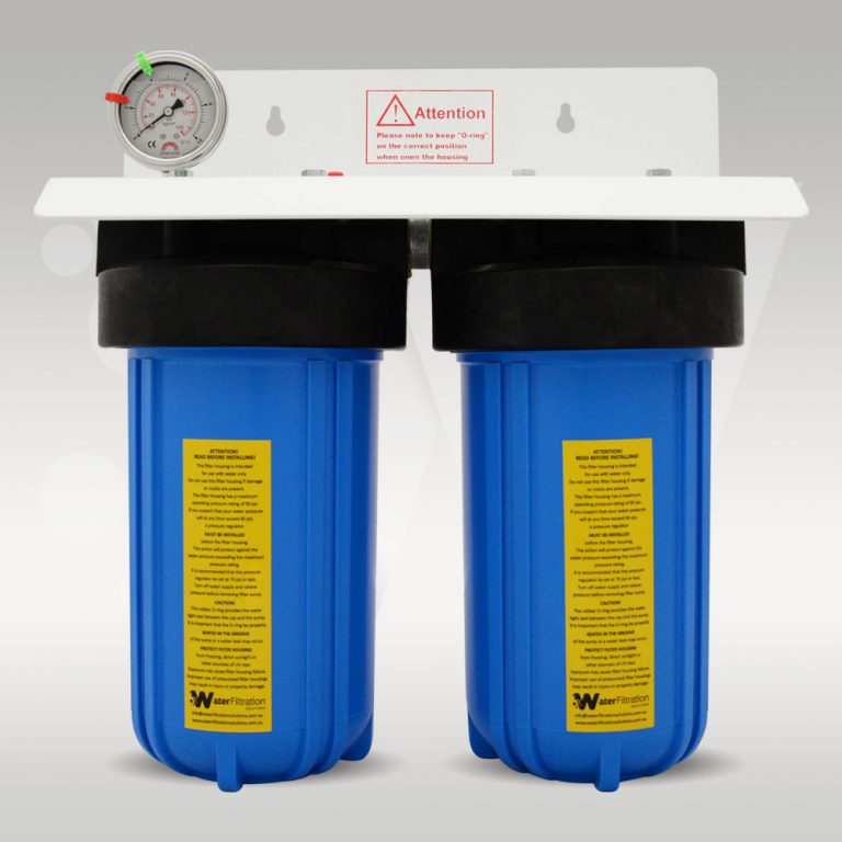 Twin wholehouse Water Filter housings 10" x 4.5" mounted on stainless steel bracket with pressure gauge