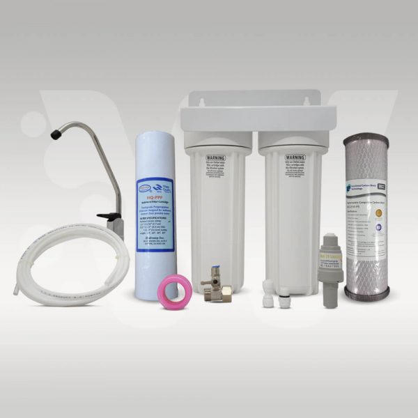 Undersink water filter kit for caravans and holiday homes. Includes sediment filter and silver carbon filter. Comes with tap and installation kit.