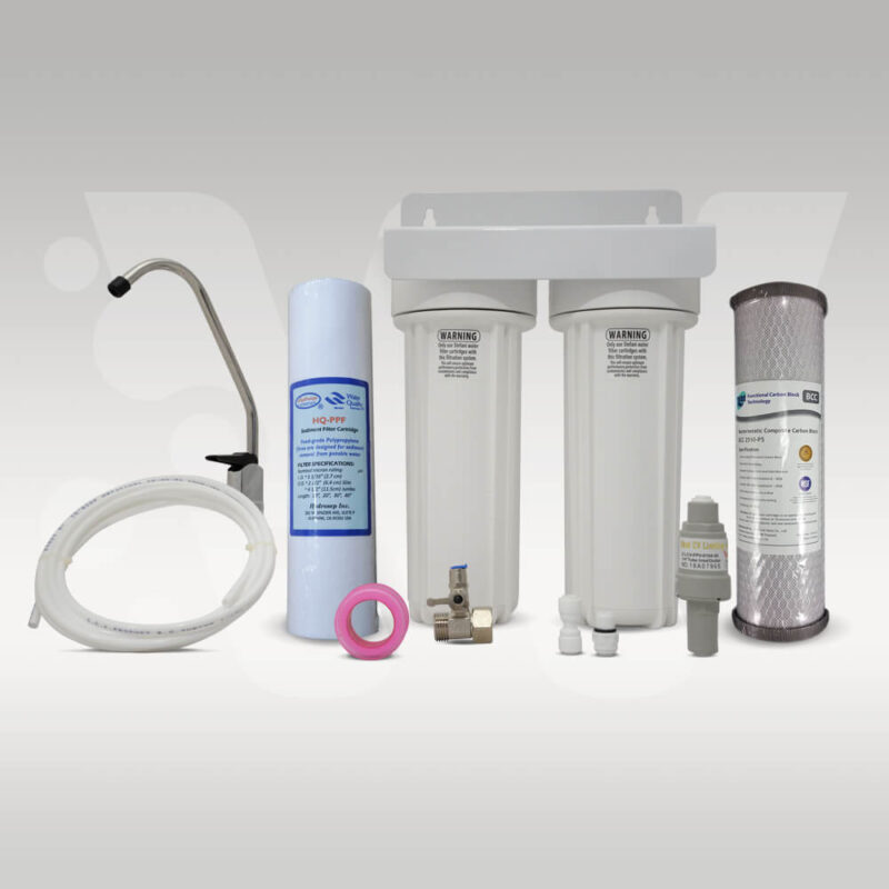 Undersink water filter kit for caravans and holiday homes. Includes sediment filter and silver carbon filter. Comes with tap and installation kit.