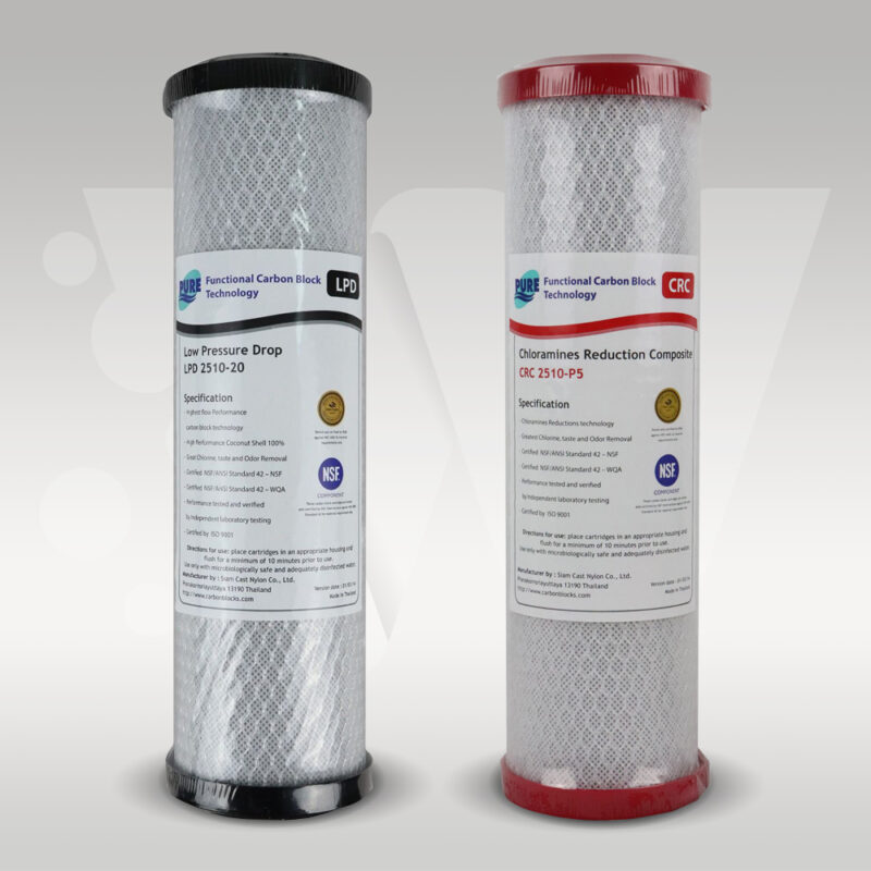 Low pressure drop and chloramine water filter twin pack 10" x 2.5".