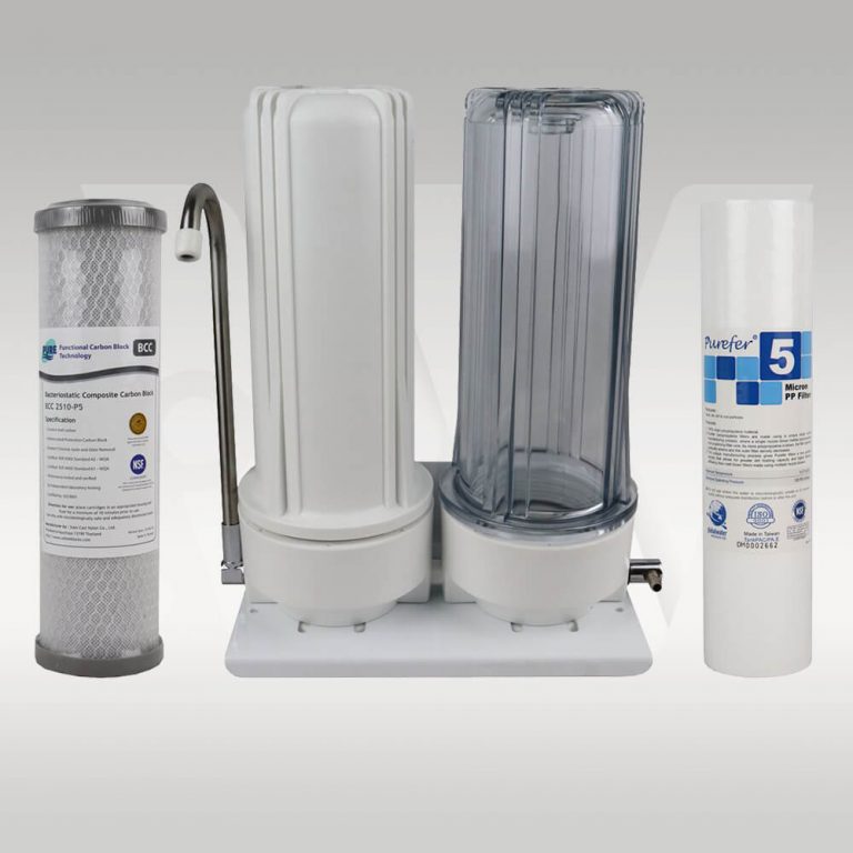 Twin Bench Top Water Filter System With Polyspun And Silver Impregnated Carbon Water Filters