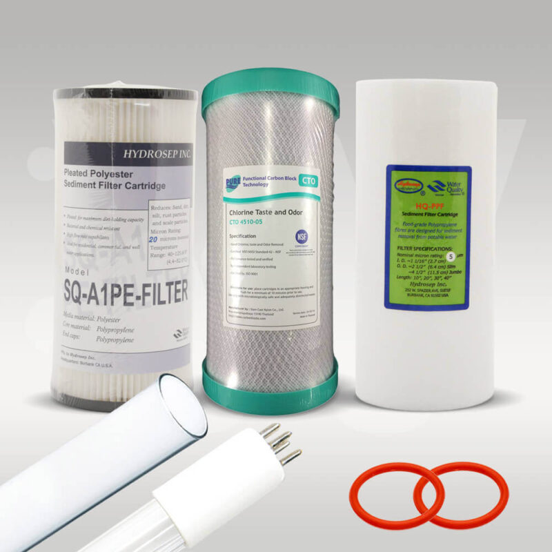 Compatible service kit for Puretec G12 and R10 hybrid system including sediment filters, carbon filer, uv lamp and quartz sleeve.