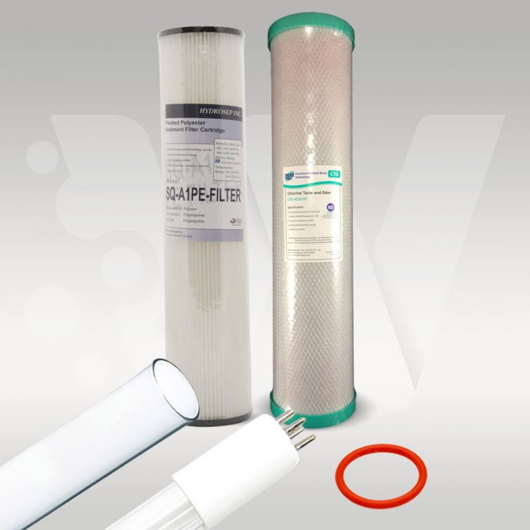 Puretec Hybrid H7 Service kit including sediment filter, carbon block filter and UV kit.