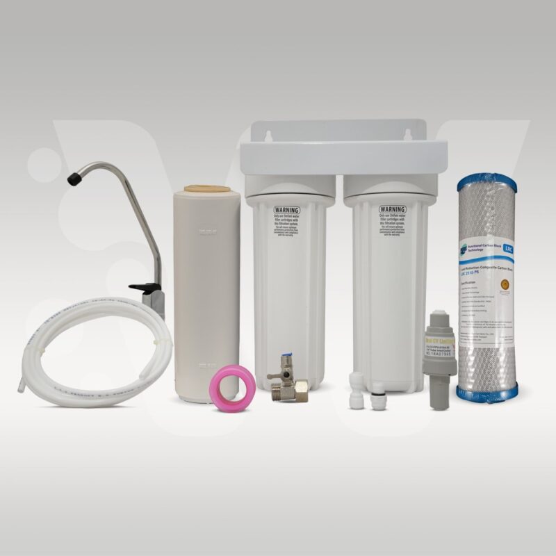 Fluoride Water Filter Kit with twin filter housings, faucet and installation kit. Also removes heavy metals and chlorine.